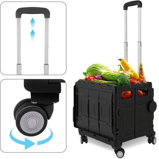 Carrello per spese - con 4 ruote fino a 55 kg - Carrello per spese - 50 Litri - per spese, viaggi e campeggio - Nero