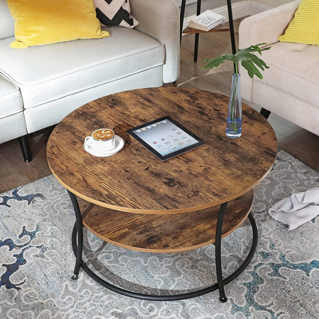 Tavolino da caffè rotondo Valora in stile loft rustico marrone con ripiano