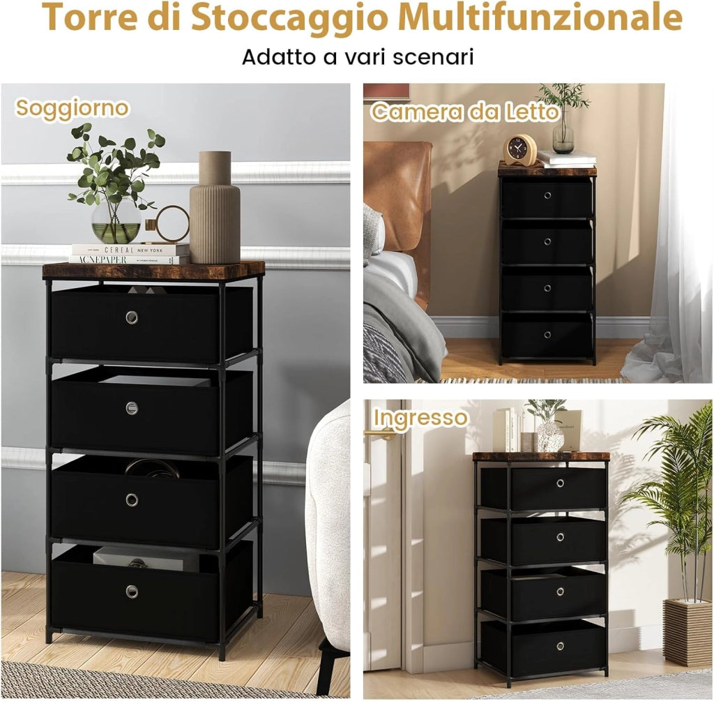 Cassettiera in Tessuto, Mobile con 4 Cassetti e Struttura Robusta in Metallo, Mobiletto Salvaspazio per Camera da Letto, Corridoio, Ingresso e Armadio, 42 x 33,5 x 84,5 cm (Nero)
