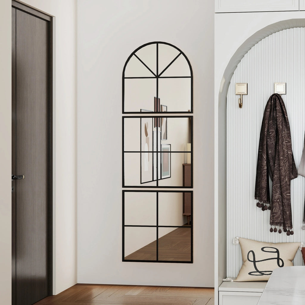 Specchio da Parete Tre Pezzi Arcuato con Cornice in Metallo ¨C Zephmum ¨C 60x2x180 cm Nero