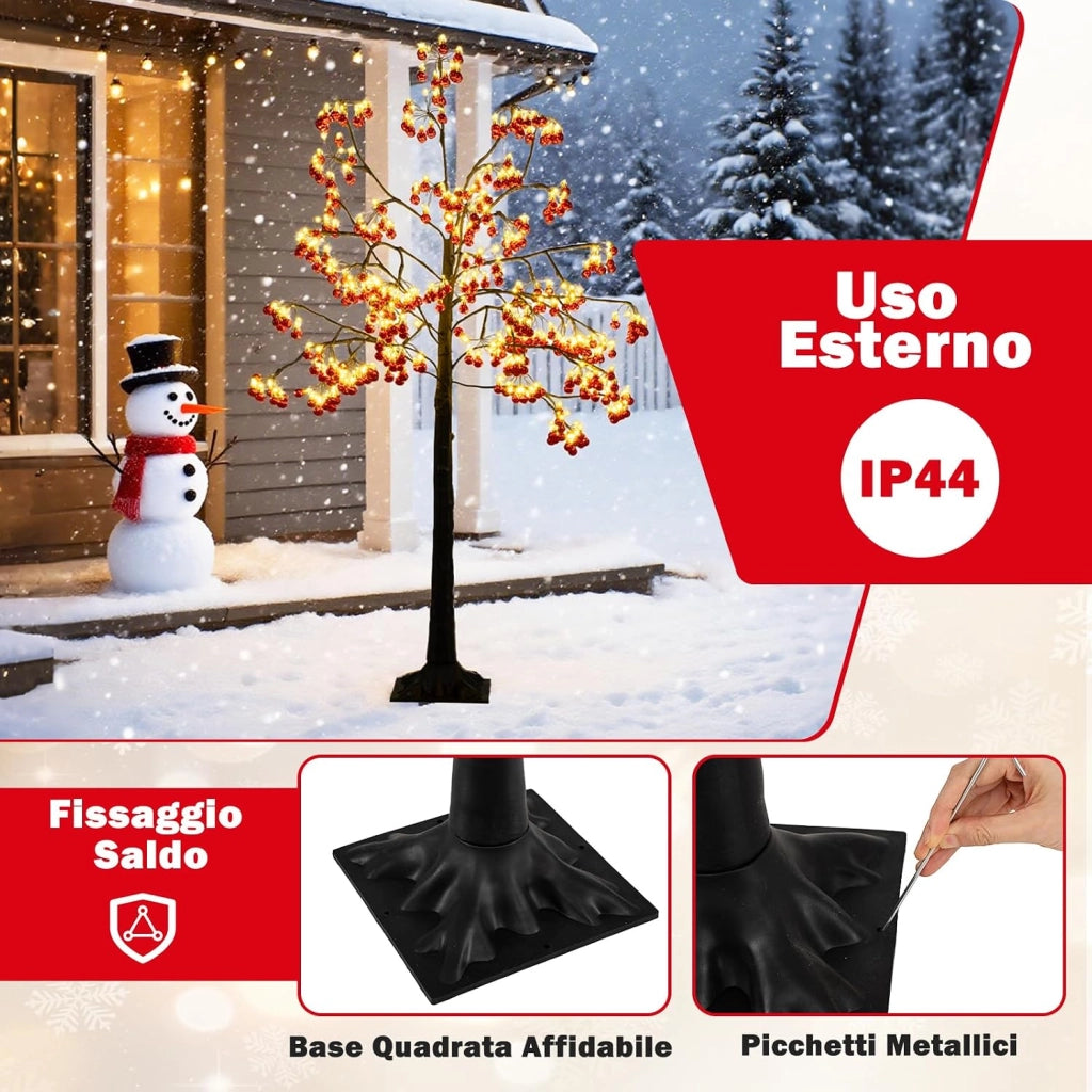 Albero di Natale Decorativo 150 cm, Albero Artificiale con Rami Pieghevoli, 384 Palline Rosse, 480 Luci LED e Picchetti di Ancoraggio, Albero di Natale Illuminato per Uso Interno ed Esterno