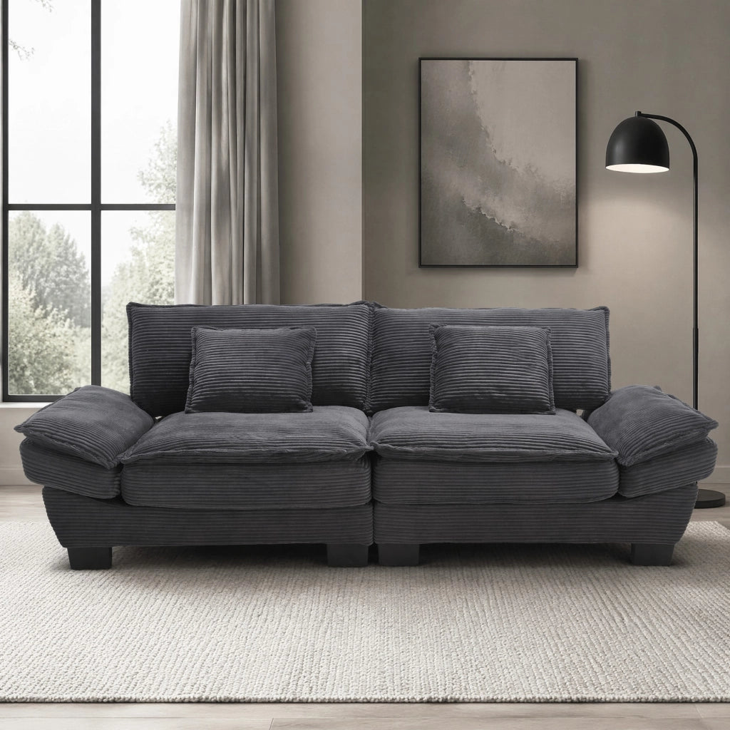 Divano 2 Posti con Seduta Profonda Braccioli Imbottiti e 2 Cuscini in Velluto Grigio Scuro 224 × 81 × 81 cm