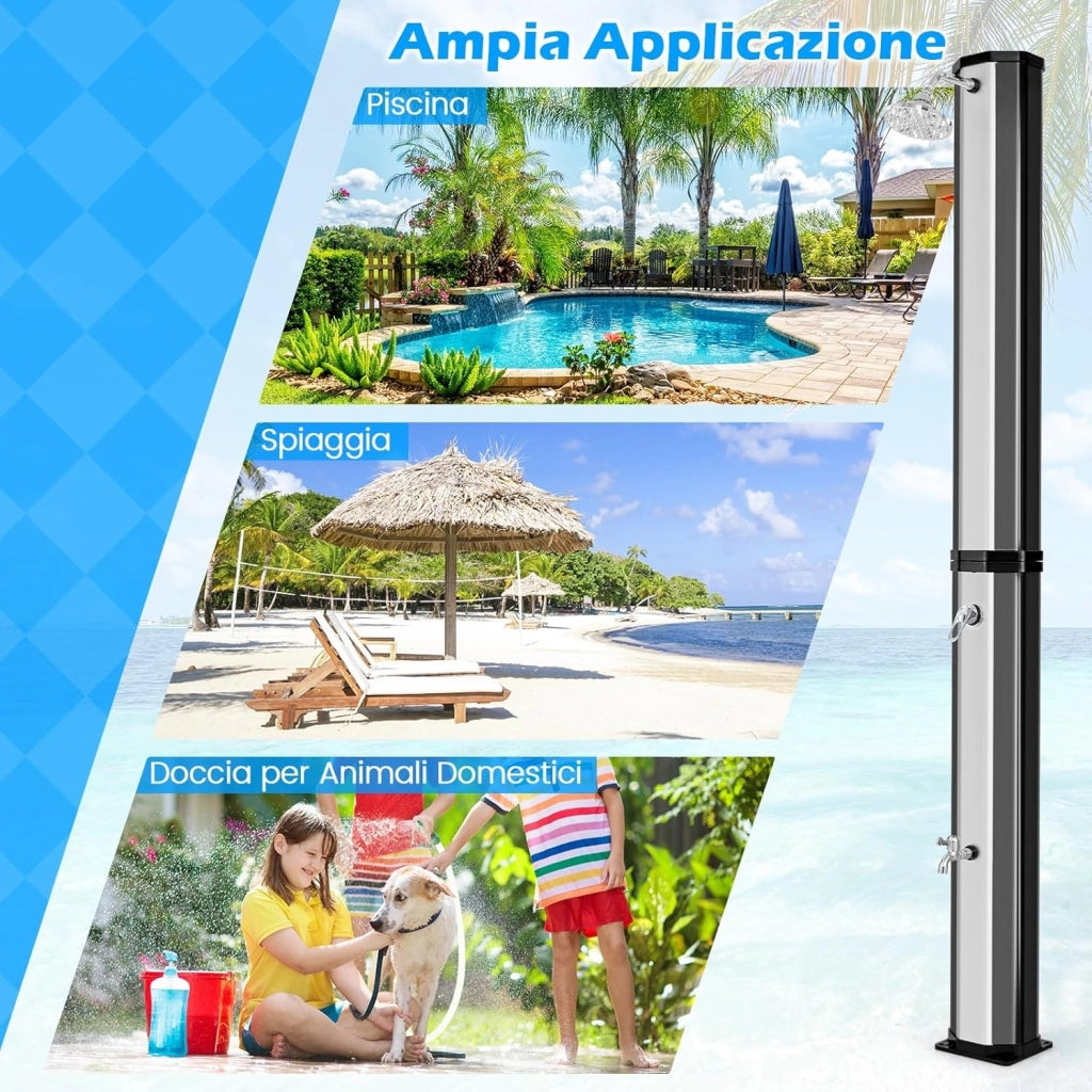 Doccia Solare da Esterno 60 L, Doccia da Giardino con Soffione 360°, Rubinetto per Piedi, Copertura Protettiva e Attacco per Tubo da Giardino, Fino a 60°C, per Piscina e Campeggio (Modello 2)