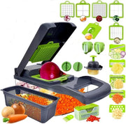 Multiuso per Verdure 22 in 1 - Mandolina da Cucina con Contenitore 1.2L - Scolapasta - 12 Lame Interchangeabili - Sbianchino - Lame in Acciaio Inox Duraturo - Macchina da Cucina