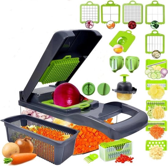 Multiuso per Verdure 22 in 1 - Mandolina da Cucina con Contenitore 1.2L - Scolapasta - 12 Lame Interchangeabili - Sbianchino - Lame in Acciaio Inox Duraturo - Macchina da Cucina
