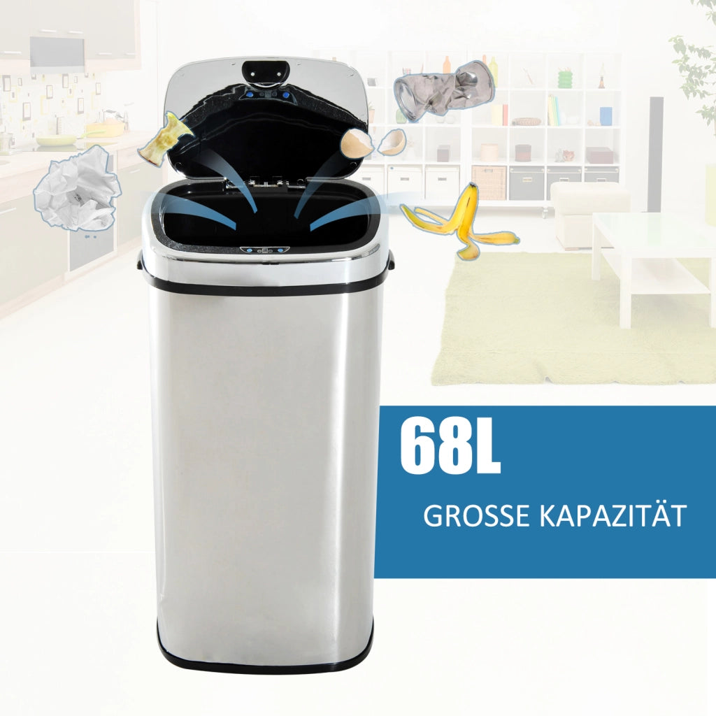 Pattumiera automatica con sensore, per cucina, in acciaio inox, colore argento, 68 litri.