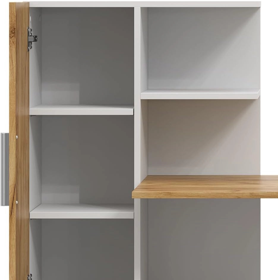 Scrivania Tomy, Rovere bianco/dorato, 150 x 59 cm, con ripiani aperti per una conservazione organizzata