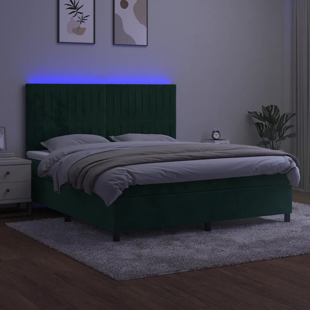 Letto a Molle con Materasso e LED Verde Scuro 160x200cm Velluto