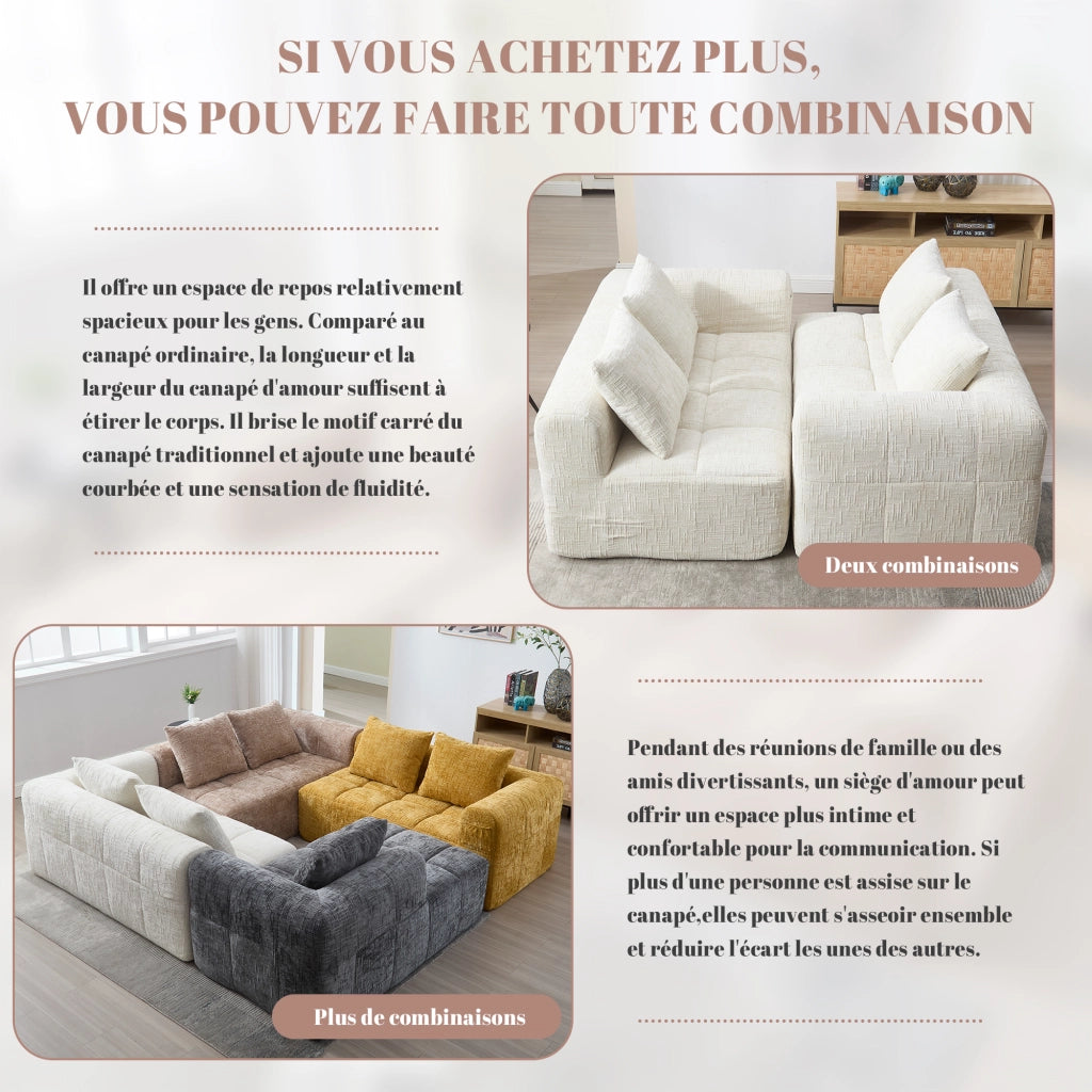 Divano chaise longue in chenille beige, morbida imbottitura in schiuma, tasche laterali e cuscino incluso