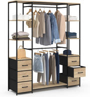 Armadio doppio UTAH + colonna doppia L. 140 cm con 6 ripiani e 6 cestini in legno e tessuto nero