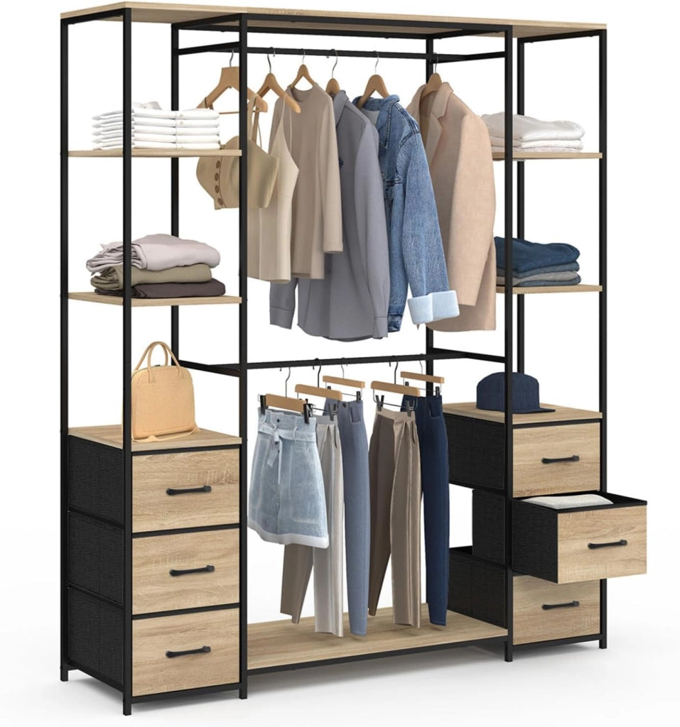 Armadio doppio UTAH + colonna doppia L. 140 cm con 6 ripiani e 6 cestini in legno e tessuto nero