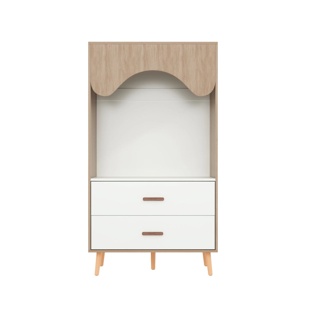 Armadio aperto con asta appendiabiti e 2 cassetti in MDF, maniglie in legno massello, per camera da letto, 80 × 46 × 141,5 cm