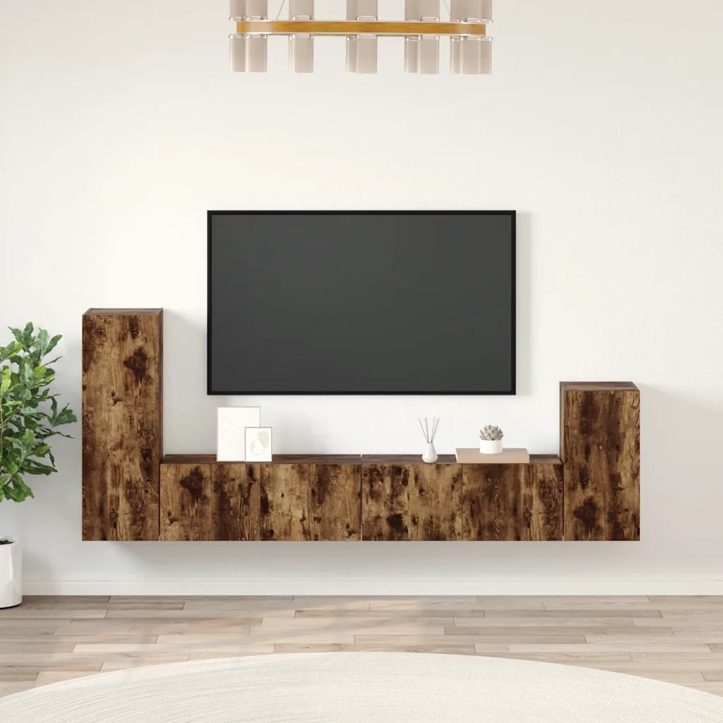 Set di Mobili Porta TV 4 pz Rovere Fumo in Legno Multistrato cod mxl 12128