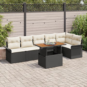 Set da pranzo giardino 7 pezzi con cuscini in polyrattan nero e acacia