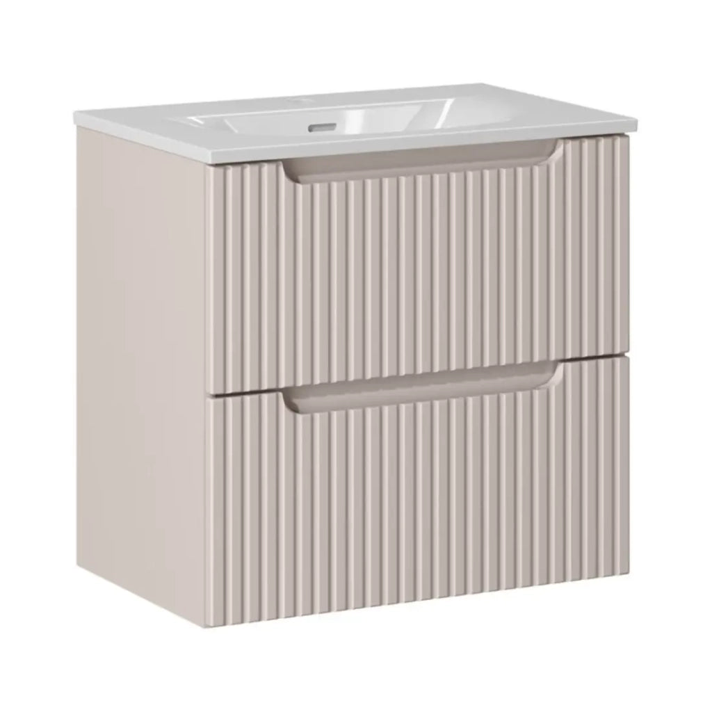 Set da bagno VANO cachemire e bianco 60cm: mobiletto sottolavabo con cassetti scanalati verticalmente + lavabo incassato
