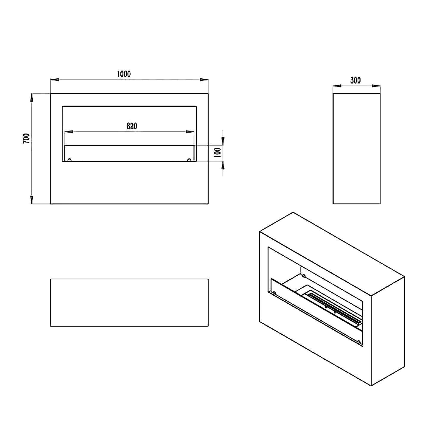 Giotto - Camino a bioetanolo da terra per interno ed esterno 100x30xH70 cm, colore nero