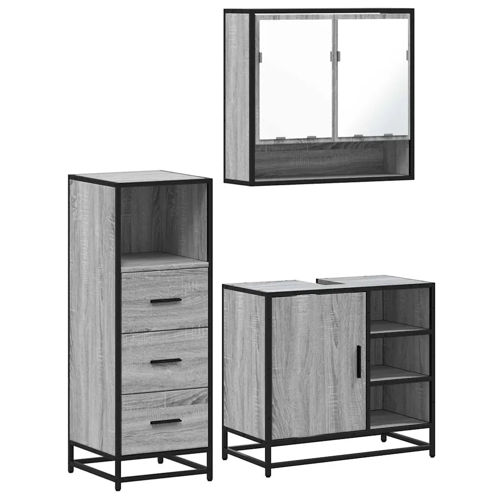 Set Mobili da Bagno | Armadio da bagno 3 pz Grigio Sonoma in Legno Multistrato