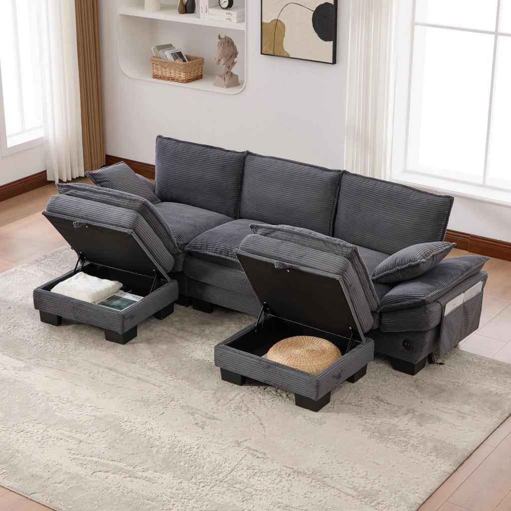 Divano modulare a 3 posti in tessuto corduroy con 2 pouf, seduta ampia ergonomica, USB-C, grigio scuro