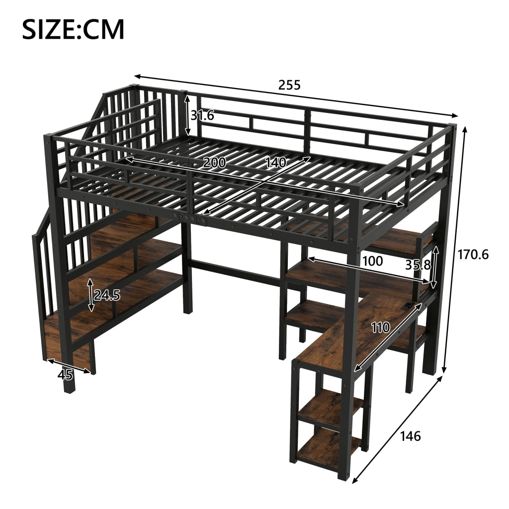 Letto a Soppalco con Scrivania, LED, USB, Cassetti e Scala ¨C MINIMAL ¨C Metallo Nero 140x200