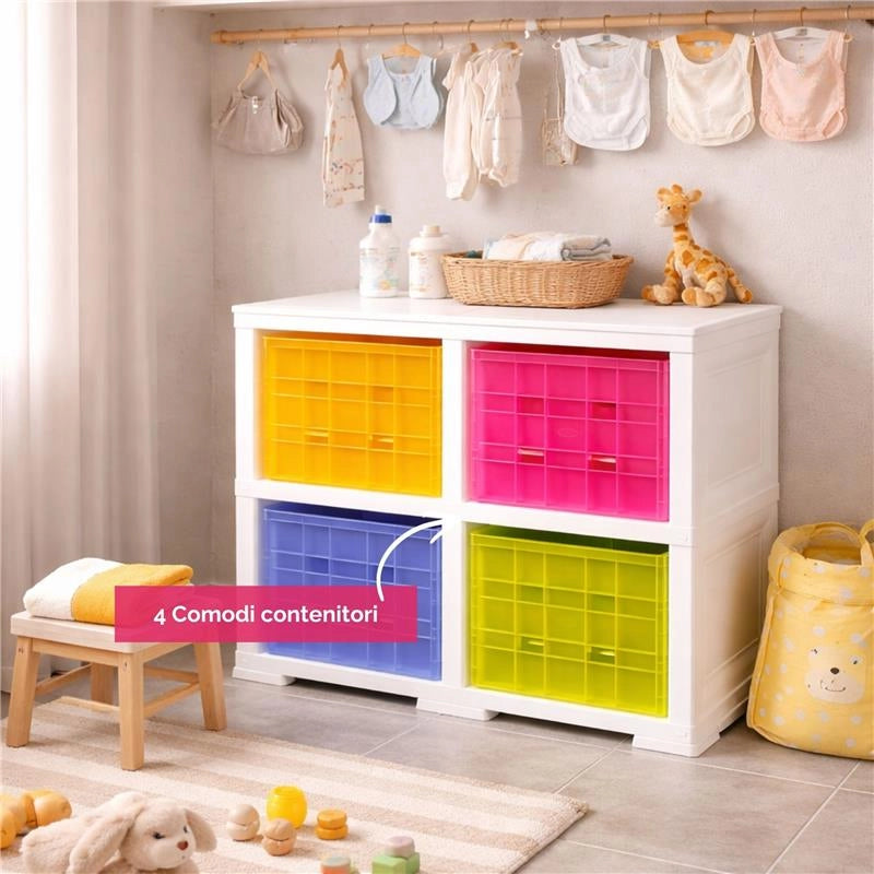 SCAFFALE 2 MODULI ANGORA 79X41X85,5 CM CON 4 CONTENITORI CUBO A SCORRIMENTO – LIBRERIA ORGANIZZATORE PER CAMERETTA E ZONA CREATIVA