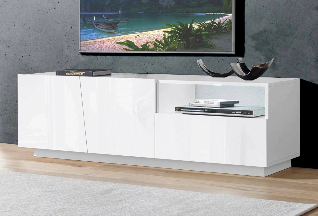 Mobile da soggiorno Porta Aiace, Made in Italy, Credenza per Aiace da salotto a 2 ante e 1 cassetto, cm 150x43h46, Bianco lucido