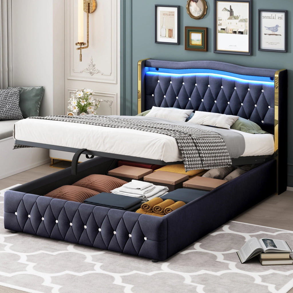 Letto imbottito con LED, contenitore idraulico e gambe larghe, 140x200 cm, velluto nero