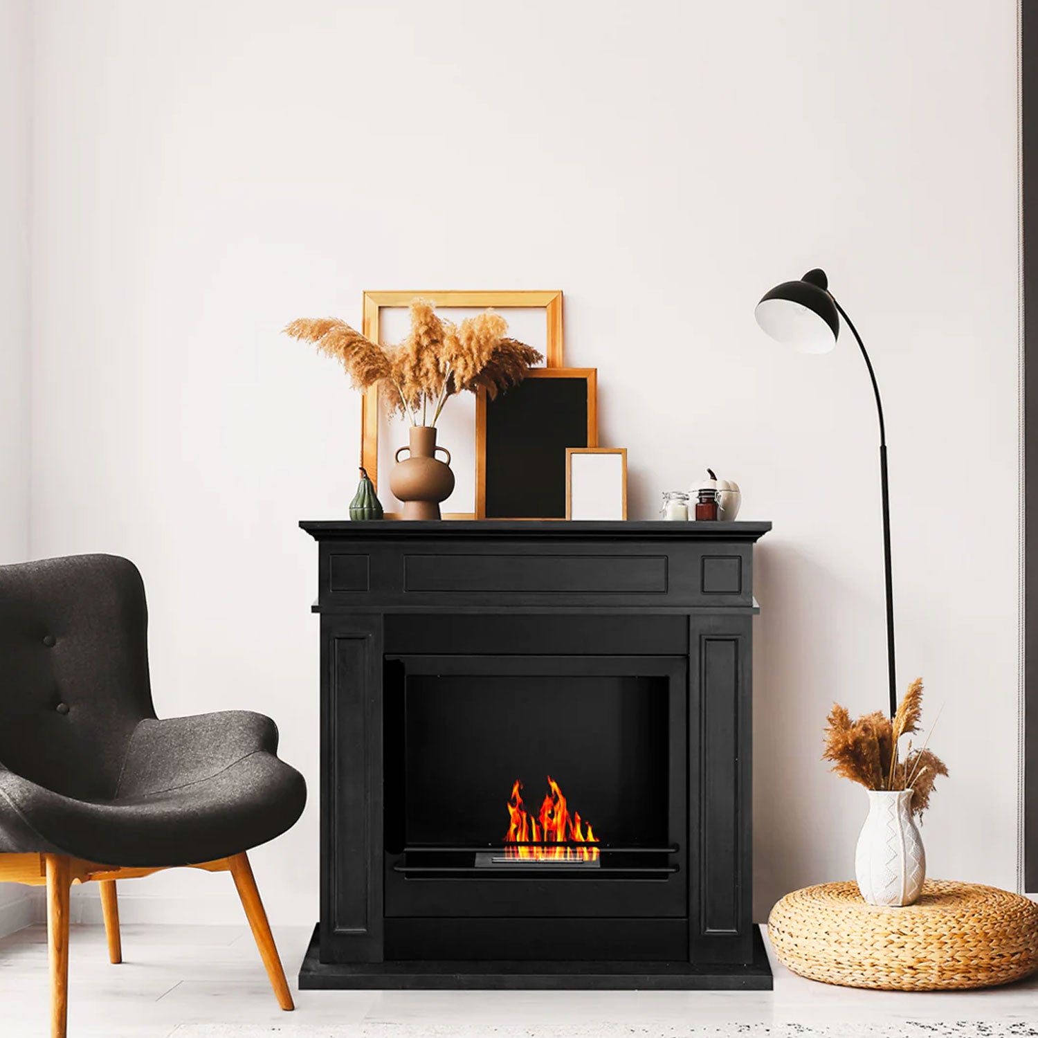 Jefferson - Camino a bioetanolo da terra in legno 89,5x28xH90,5 cm, colore nero