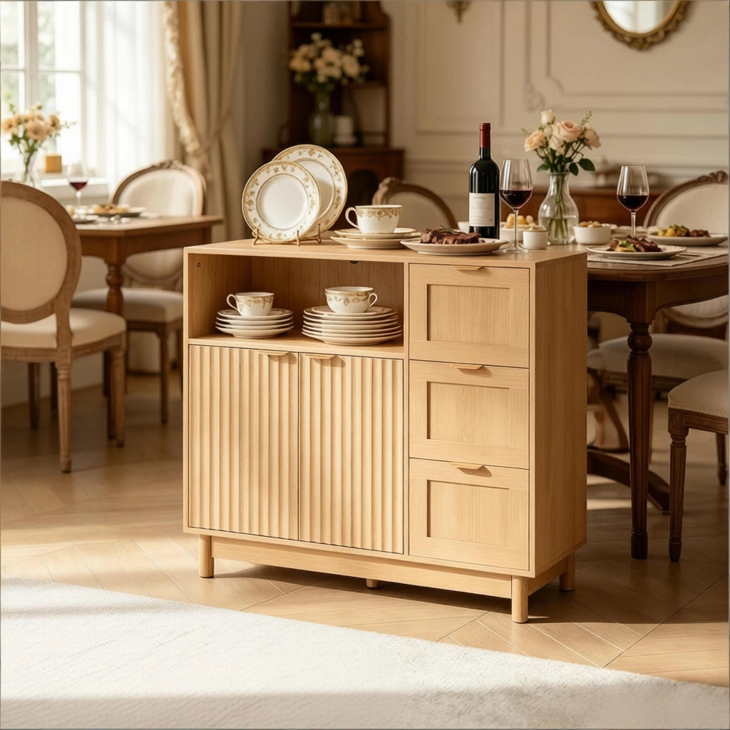Credenza con 3 cassetti e ripiani regolabili, per cucina, in MDF e truciolato, effetto legno, 90 × 35 × 80 cm