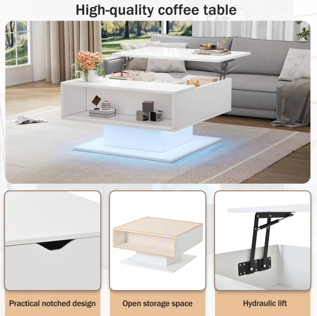 Tavolino da salotto elevabile con LED e vani contenitore; 80 x 75 x 40 cm; bianco