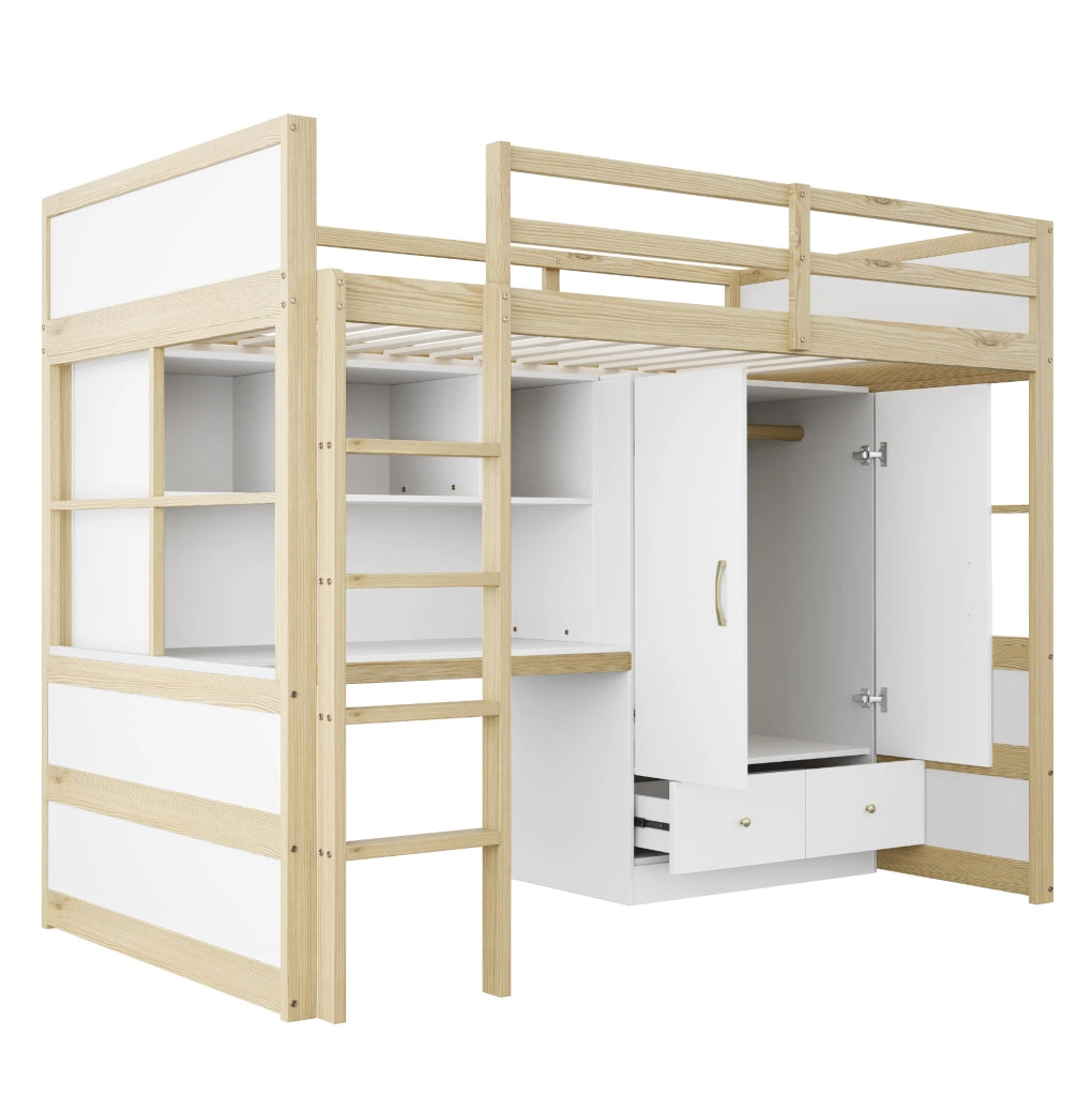 Letto a soppalco 90x200 cm in legno naturale con scrivania; armadio e cassetti
