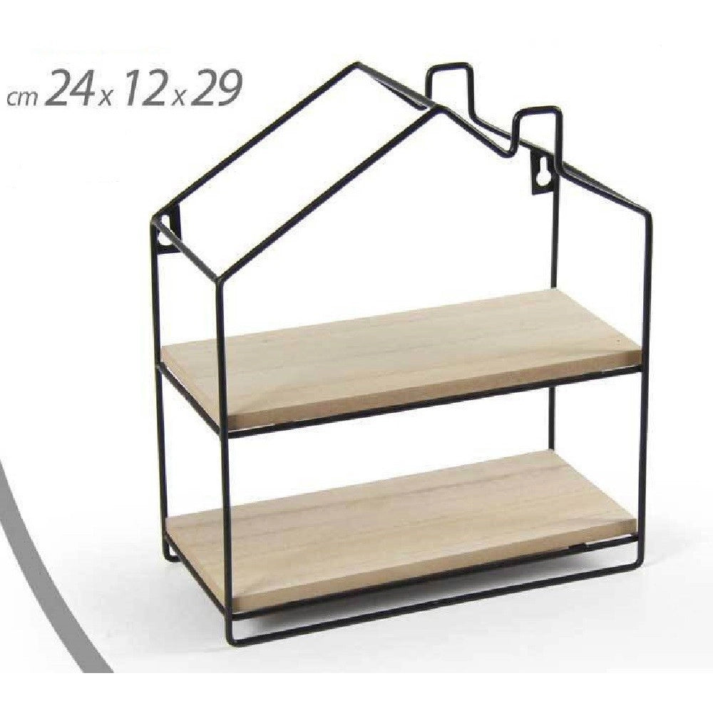 Trade Shop - Mensola Bacheca Parete Casetta Metallo 24x12x29cm Nero 2 Ripiani In Legno 818707 -