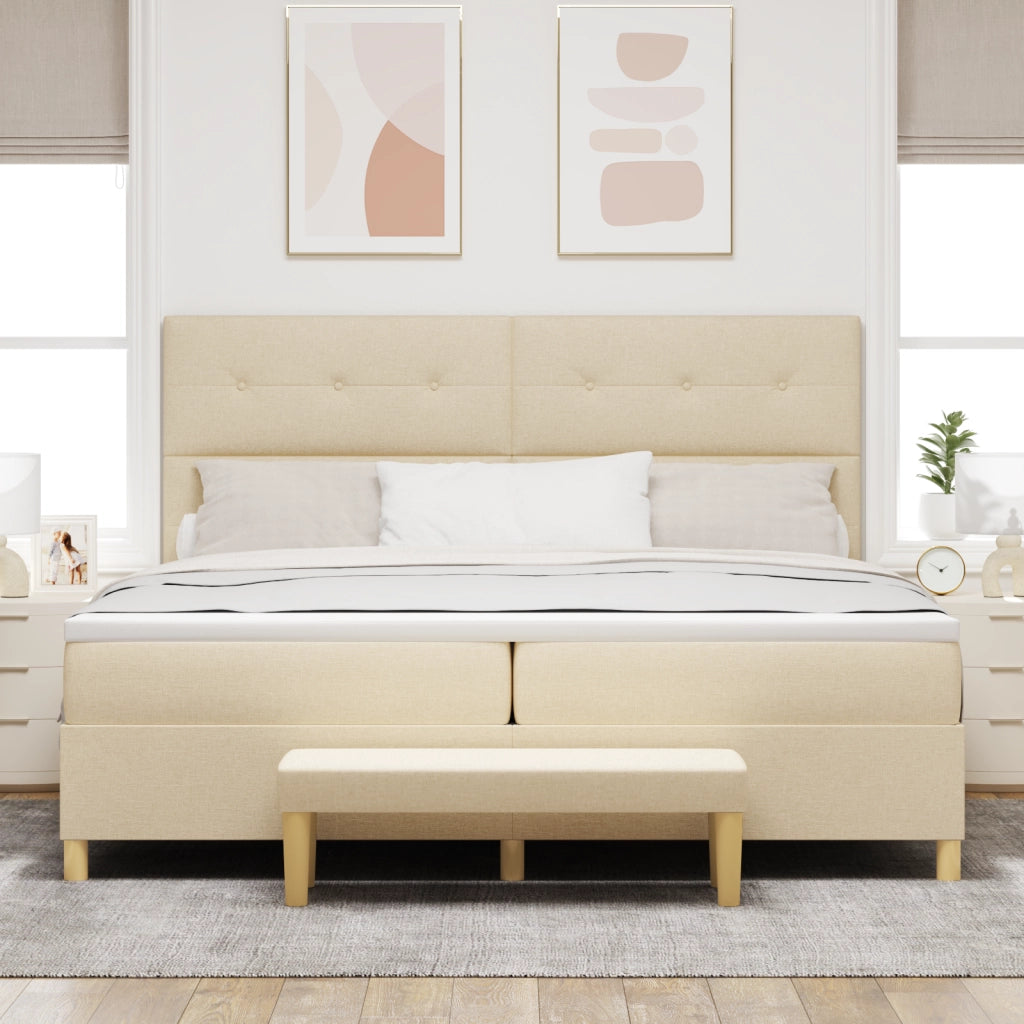 Letto Box Spring con Materasso e Panchetta Crema 200x200 cm Tessuto