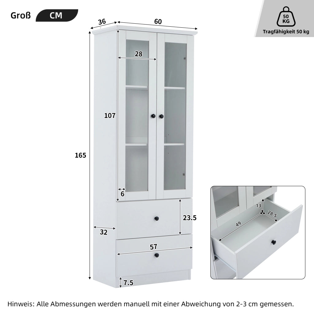 VETRINA con LED 60x35,5x165 cm Bianca in MDF e Truciolare con 2 Cassetti