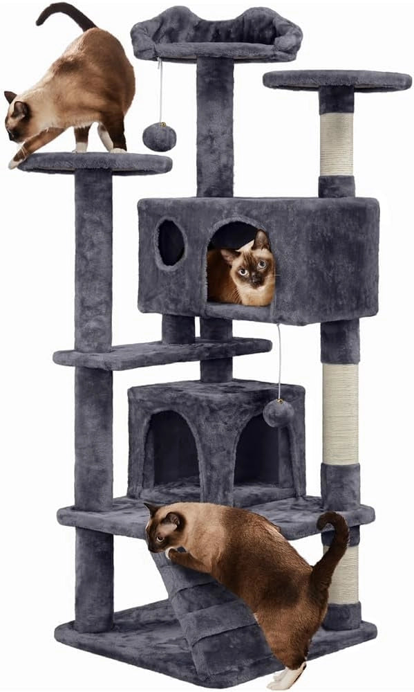 Yaheetech Albero Tiragraffi per Gatti 139 cm con 3 Pali Graffiatoi 3 Posatoi 2 Grotta 2 Pompon in Peluche a Più Livelli Giocattolo Gioco Grigio Scuro