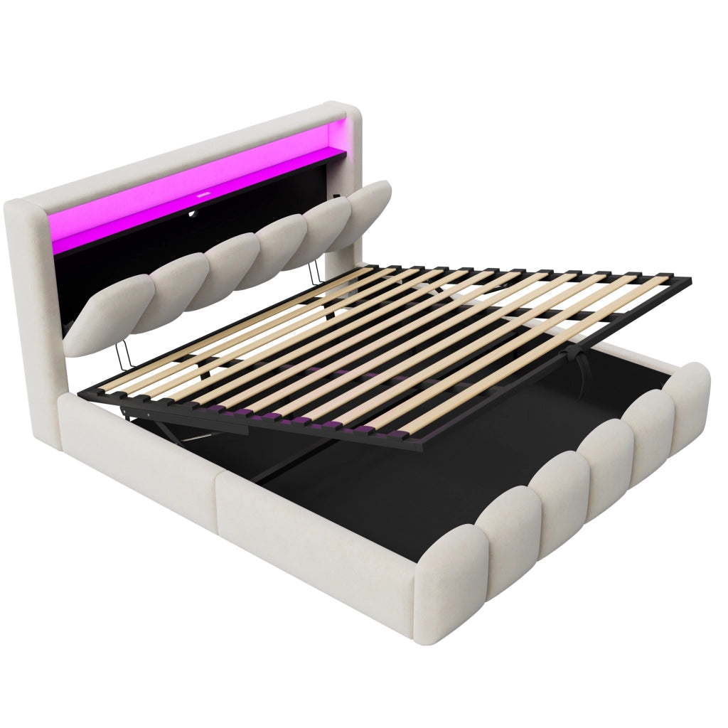 Letto matrimoniale imbottito 180x200 cm beige con LED e USB