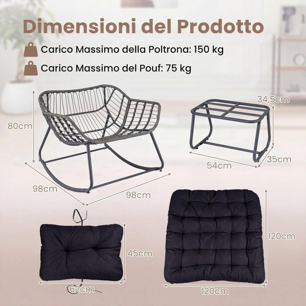 Sedia a Dondolo da Interno ed Esterno, Poltrona a Dondolo con Poggiapiedi e Cuscini Rimovibili, Poltrona Relax in Rattan con Telaio in Metallo per Soggiorno e Giardino, Portata 150 kg (Nero)