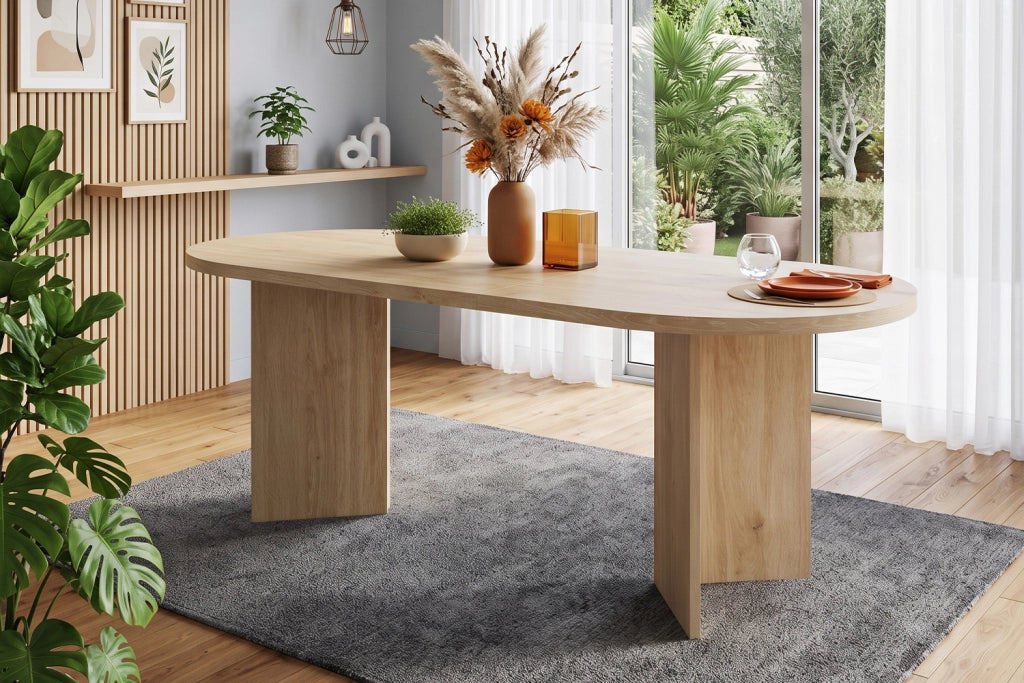 Tavolo da pranzo 160x80 cm per 6-8 persone, piano da 18 mm, angoli arrotondati, colore rovere
