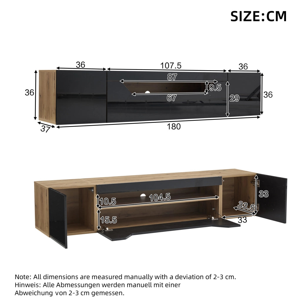 Mobile TV sospeso 180 cm con LED, 3 vani e frontale lucido nero/legno