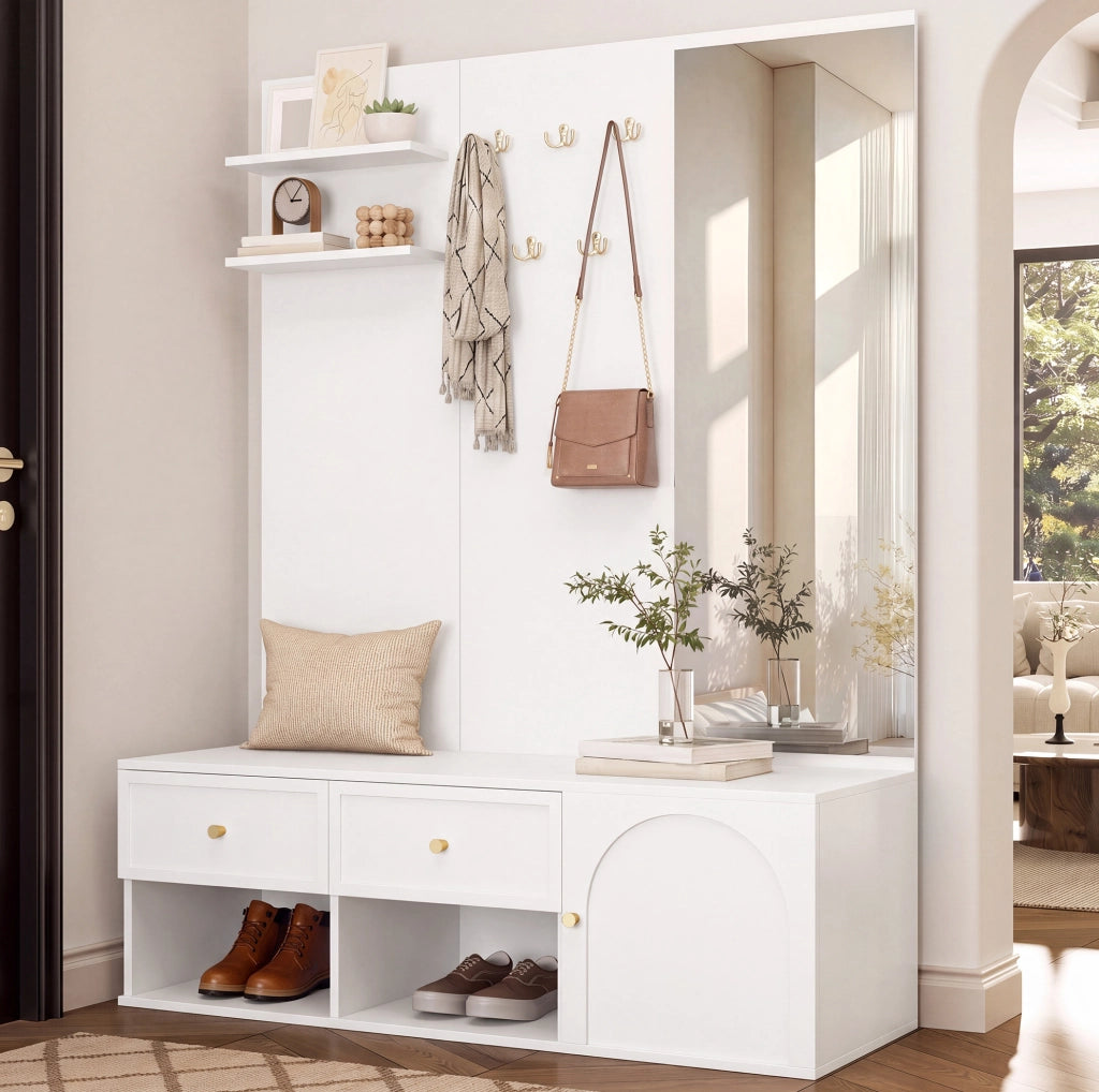Set guardaroba da ingresso bianco con specchio e 5 ganci, 120 cm
