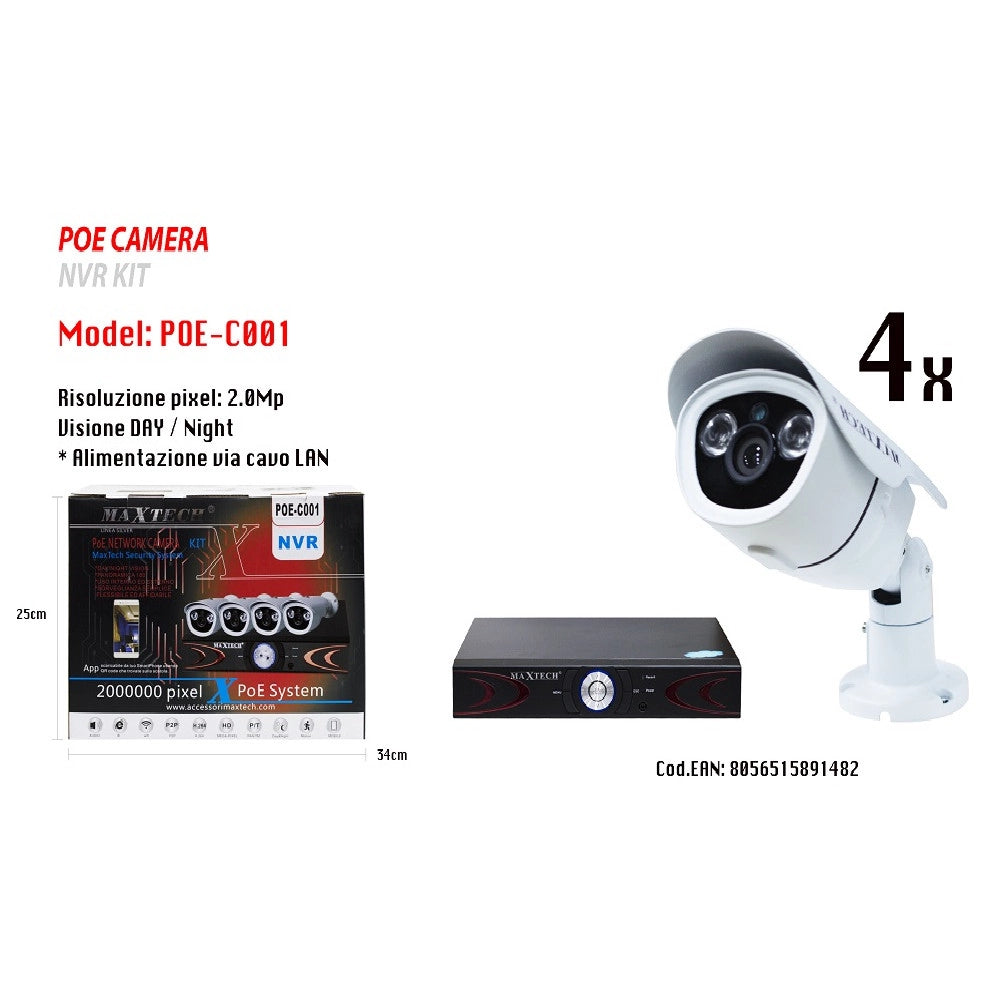Trade Shop - Telecamere 4 Canali Videosorveglianza Smartphone App Gratis Full Hd Maxtech Poe-c001 -