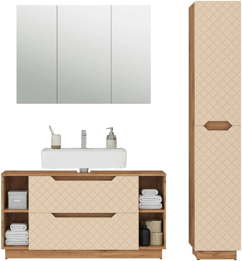 Set di mobili da bagno Lotta, Rovere/cashmere con struttura in piastrelle, 3 parti