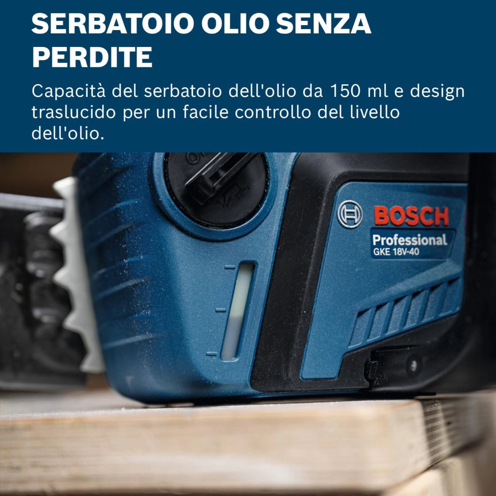 Bosch Professional 18V System Sega a catena GKE 18V-40 (barra da 40 cm, motore brushless con tecnologia BITURBO, incl. chiave, copricatena, senza batteria)