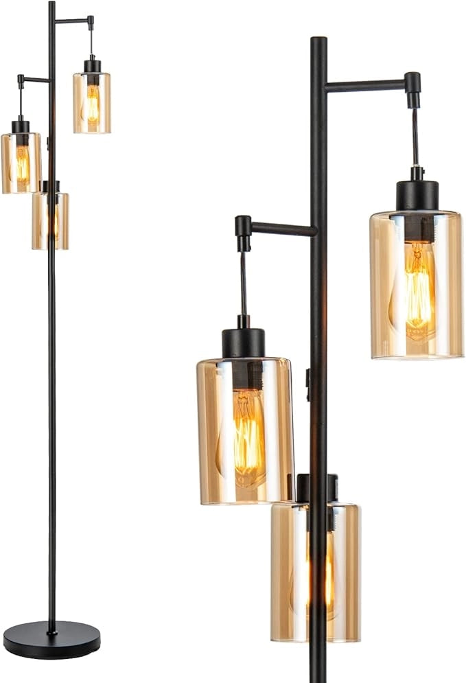 Lampada da Terra, Lampada a Stelo Retrò con Paralume in Vetro Ambrato a 3 Teste Sospese, Interruttore a Pedale, Base in Metallo, Ideale per Soggiorno, Camera da Letto, Corridoio e Studio