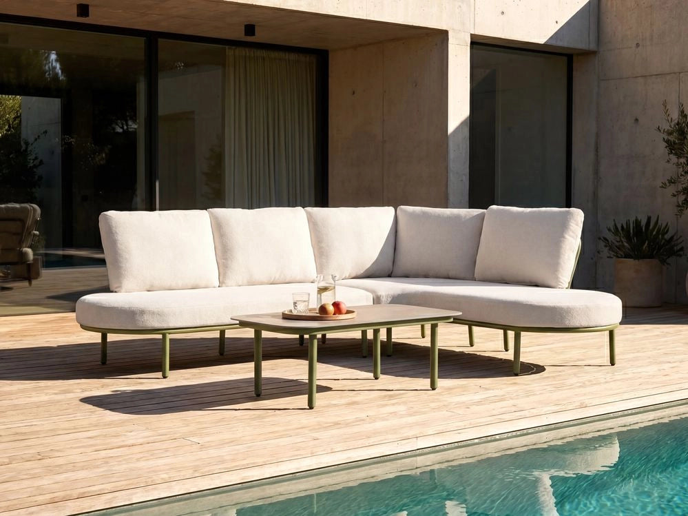 Divano da esterno con tavolino da 4 posti struttura in alluminio,piano ovale in metallo cuscini verde e beige chiaro