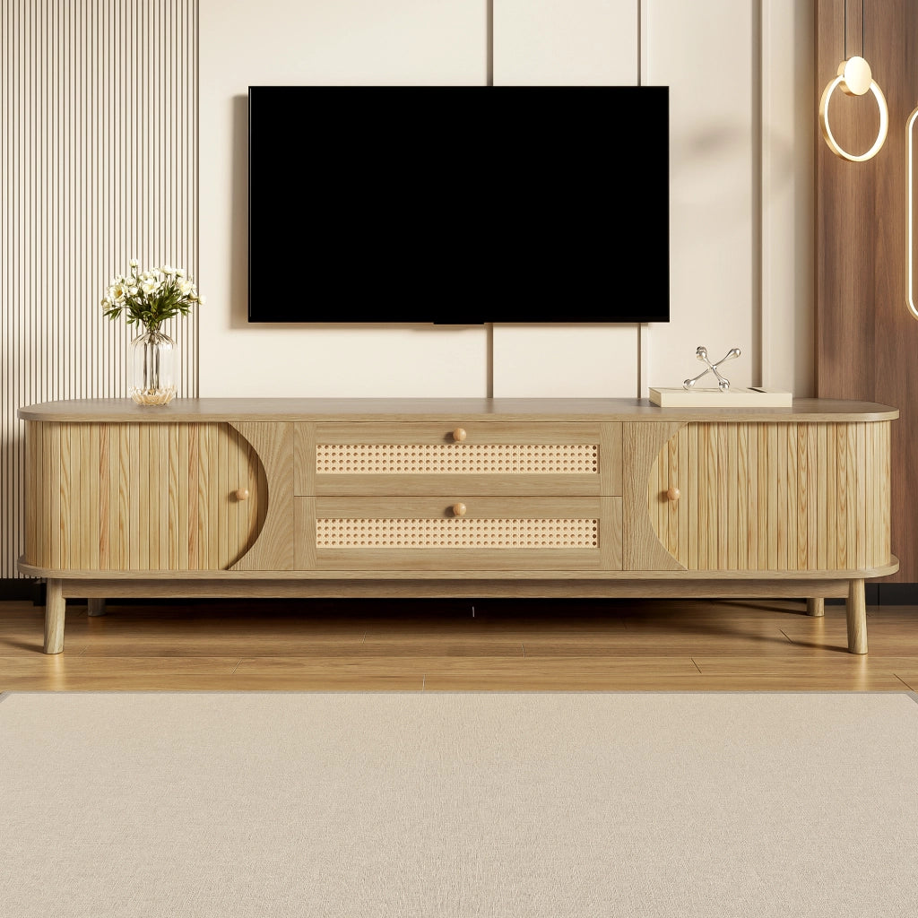 OKWISH Mobile TV con Ante e Cassetti, Frontali Effetto Rattan, Stile Naturale per Soggiorno, MDF e Legno Massello, 170×39,5×46 cm