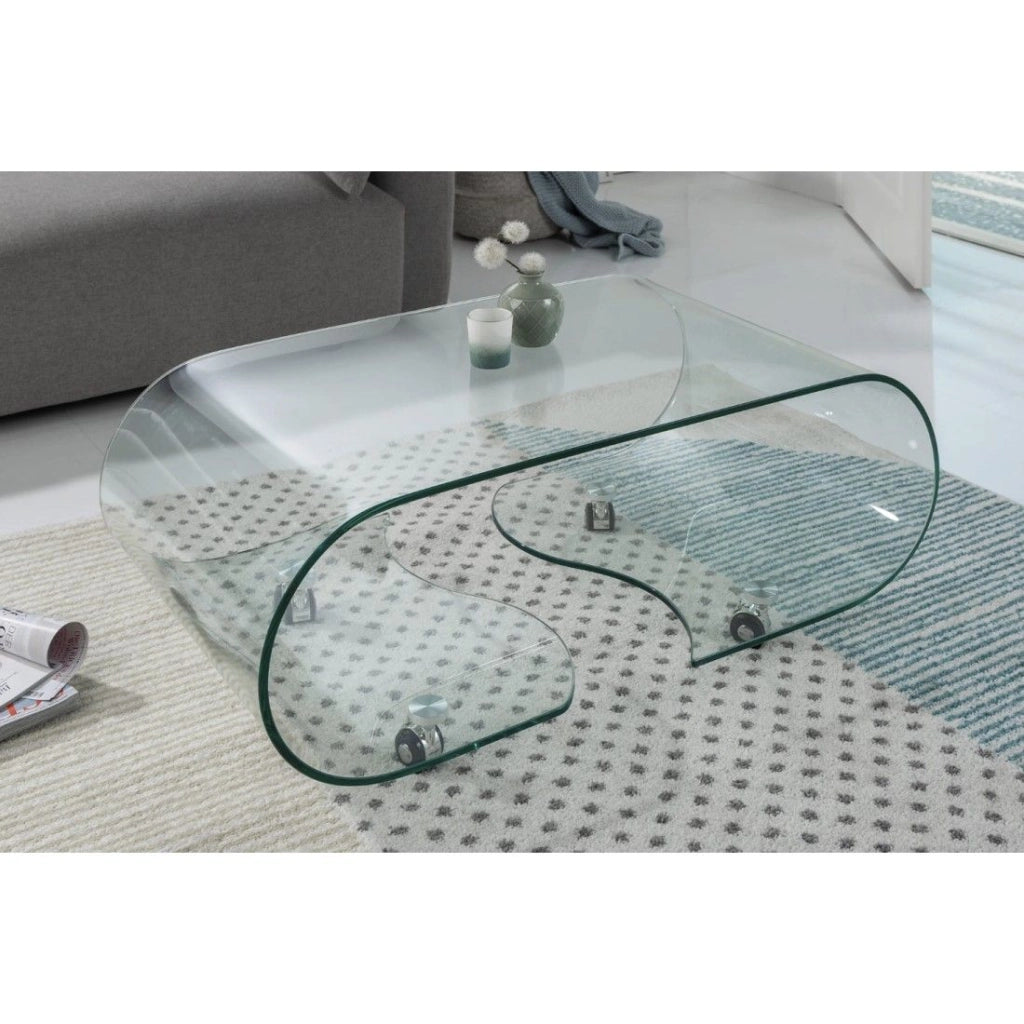 Tavolino basso HOLOW con ruote - Tavolino basso design asimmetrico in vetro temperato