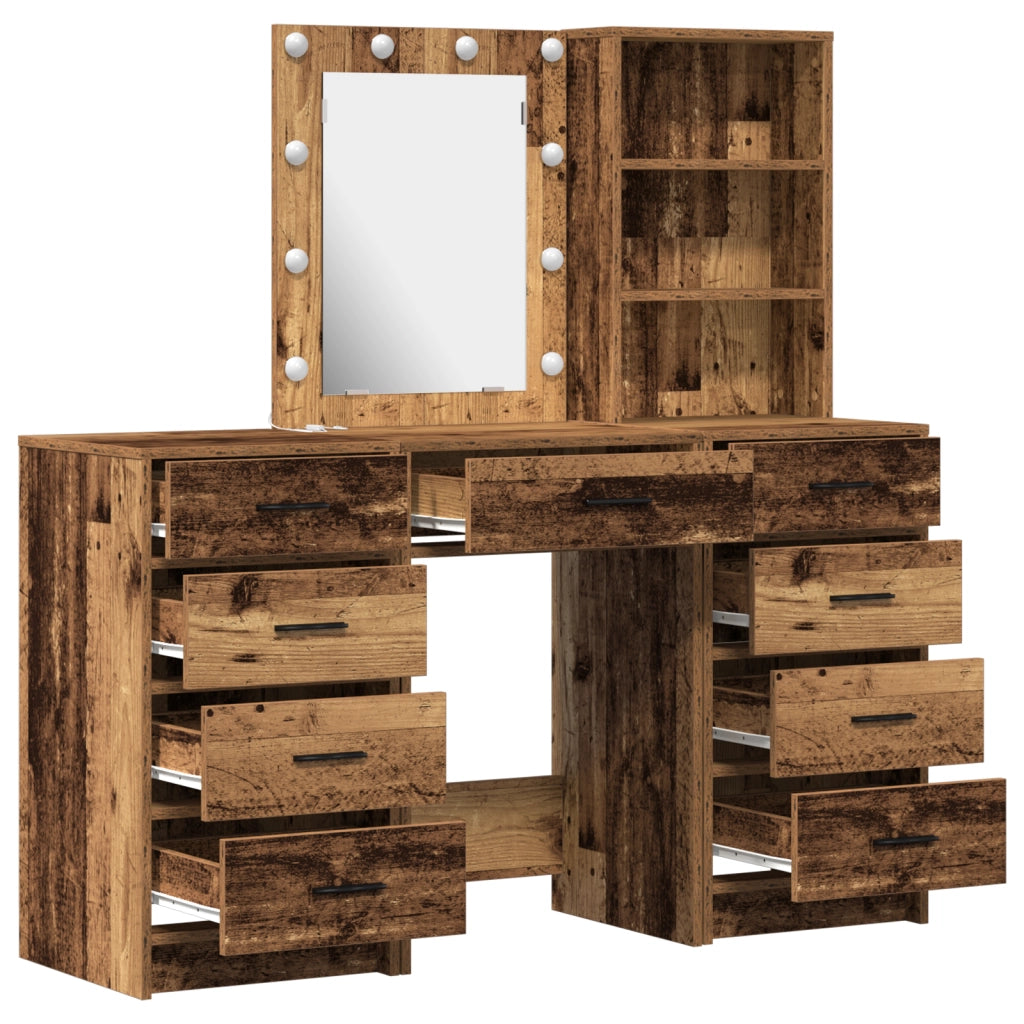 Set Tavolo Trucco 3 Pezzi con LED Legno Antico