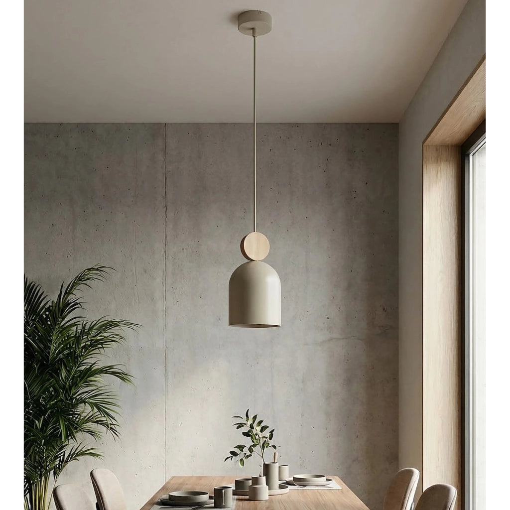 Lampada a sospensione MESI in acciaio e legno beige