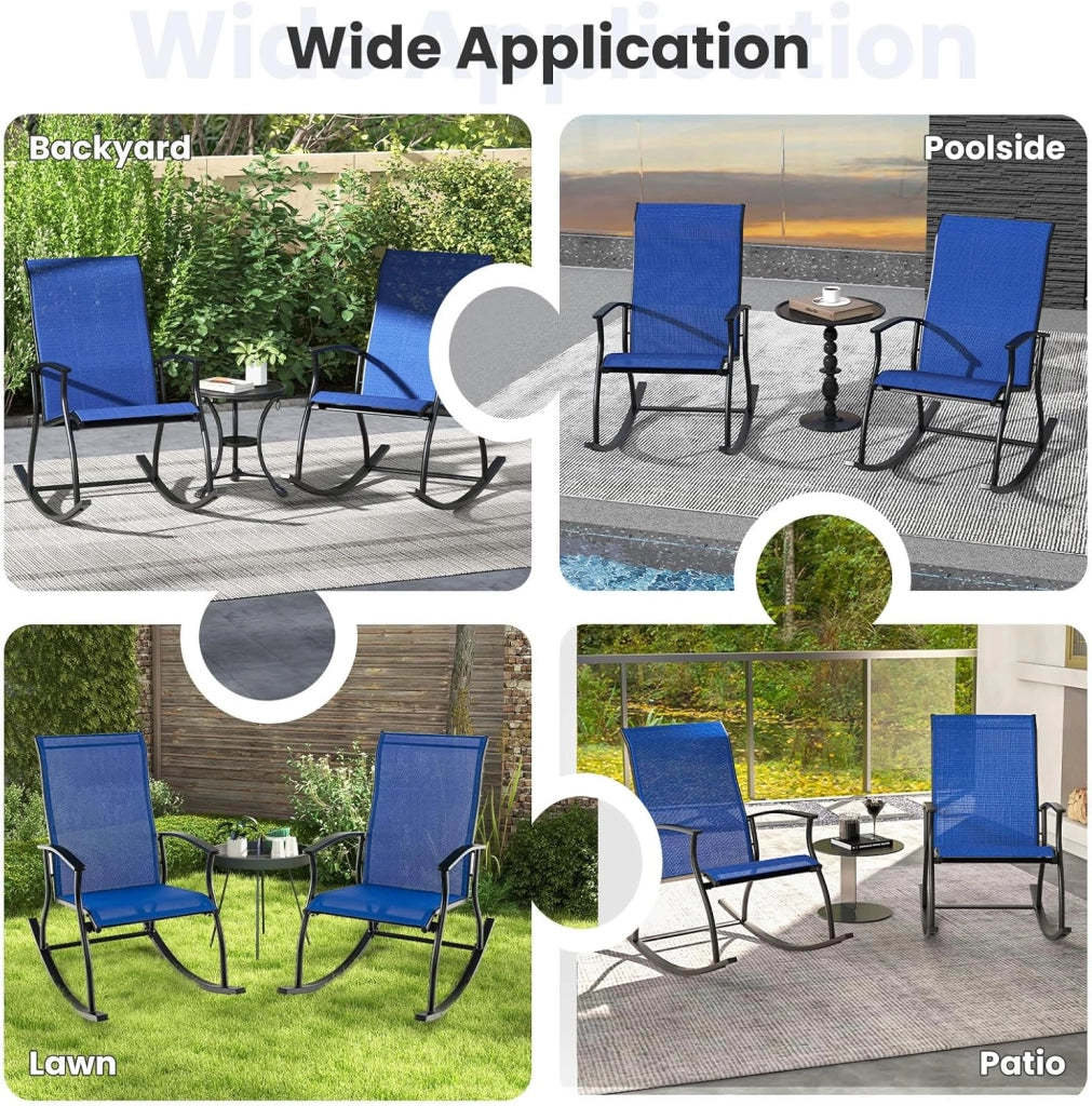 Set di 2 sedie a dondolo per giardino, sedie a dondolo da esterno, con schienale ergonomico e sedile traspirante, tessuto resistente all'usura, per terrazza, patio, piscina, colore blu