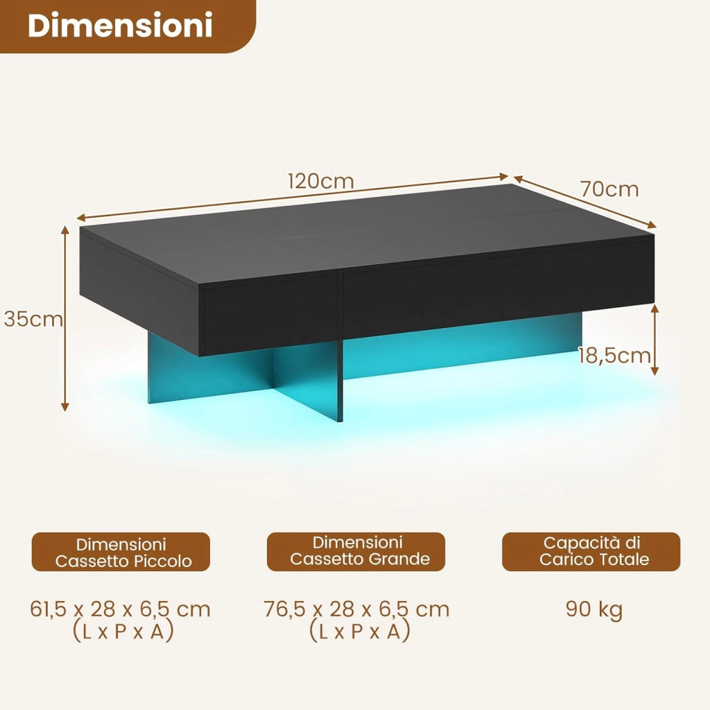 Tavolino da Salotto Moderno, Tavolino da Caffè con Luci LED Regolabili, 3 Cassetti e Telecomando, Tavolo Basso Rettangolare per Soggiorno, Studio e Ufficio, 120 x 70 x 35 cm (Nero)